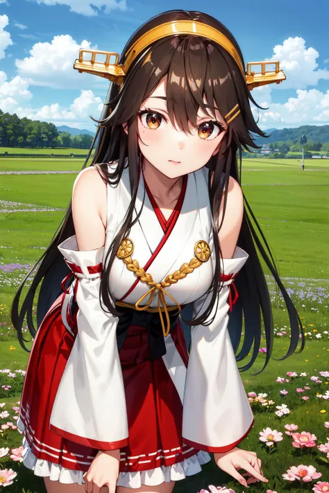 masterpiece, best quality, highres, hmharuna, headgear, hair ornament, hairclip, japanese clothes, detached sleeves, ribbon-trimmed sleeves, red skirt, <lora:haruna_v1:0.8>, field, :I, leaning forward,