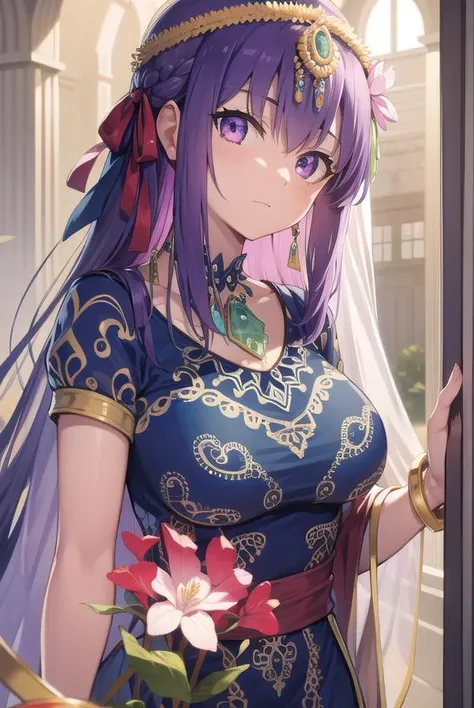 parvati, <lyco:parvati-lyco-nochekaiser:1>,
parvati, long hair, (purple eyes:1.1), purple hair,
BREAK bracelet, flower, hair flower, hair ornament, indian clothes, jewelry, necklace, side slit,
BREAK looking at viewer,
BREAK outdoors,
BREAK <lyco:GoodHands-beta2:1>, (masterpiece:1.2), best quality, high resolution, unity 8k wallpaper, (illustration:0.8), (beautiful detailed eyes:1.6), extremely detailed face, perfect lighting, extremely detailed CG, (perfect hands, perfect anatomy),