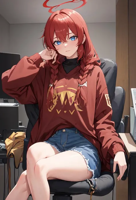 (safe:1.10), best quality, masterpiece, highres, solo, (maki_bluearchive:1.10), sitting, sitting on chair, chair, cowboy shot, looking at viewer, 27 <lora:maki_bluearchive:0.80>