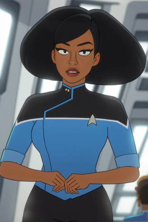 Black woman wearing blue sttldunf uniform,<lora:STTLDV1:0.8>,cartoon,