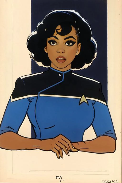 Black woman wearing blue sttldunf uniform,<lora:STTLDV1:0.8>,drawing by Jack Kirby,