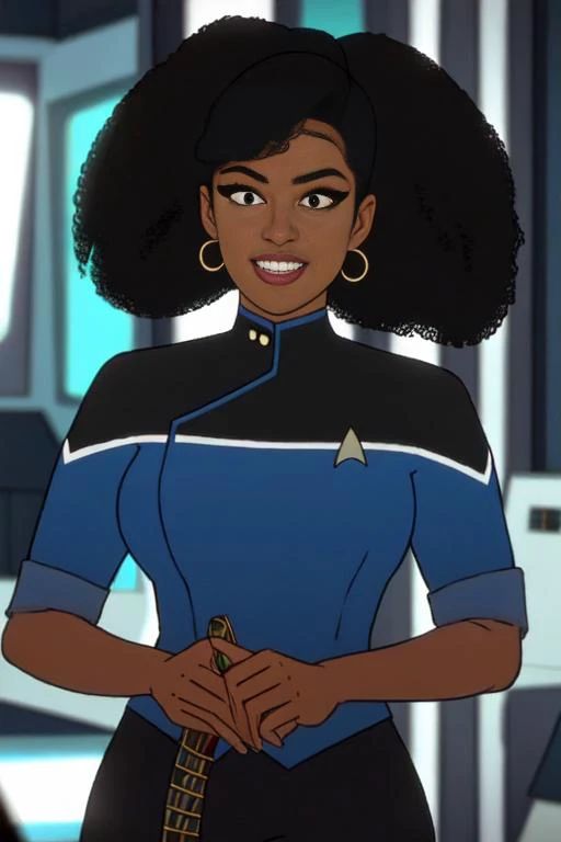 Black woman wearing blue sttldunf uniform,<lora:STTLDV1:0.8>,animated series,