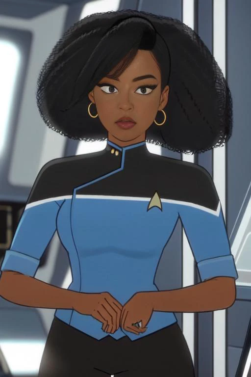 Black woman wearing blue sttldunf uniform,<lora:STTLDV1:0.8>,cartoon,