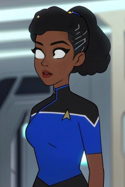 Black woman wearing blue sttldunf uniform,<lora:STTLDV1:0.8>,cartoon,