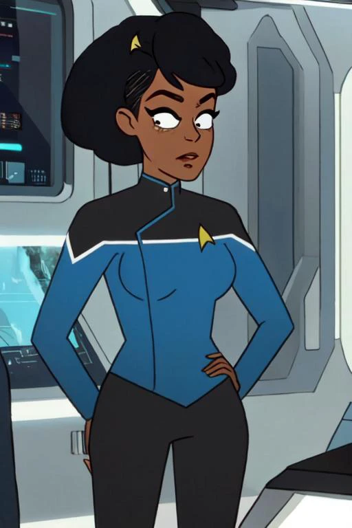 Black woman wearing blue sttldunf uniform,<lora:STTLDV1:0.8>,cartoon,