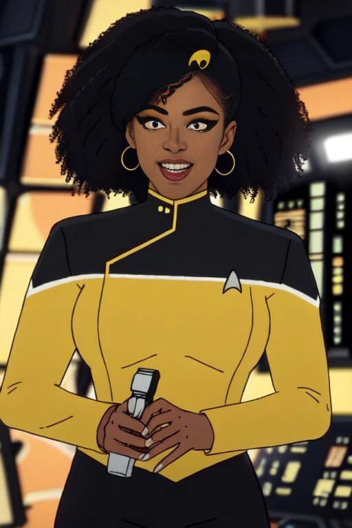 Black woman wearing yellow sttldunf uniform,<lora:STTLDV1:0.8>,animated series,