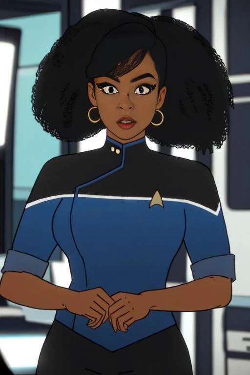 Black woman wearing blue sttldunf uniform,<lora:STTLDV1:0.8>,cartoon,