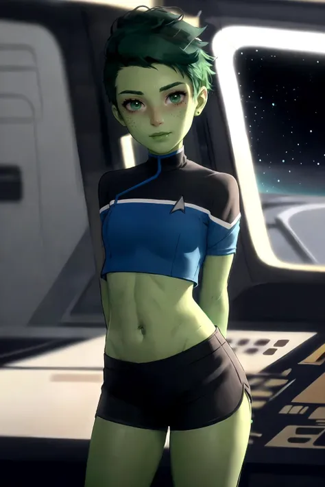 (masterpiece, best quality), (absurdres:1.3), (photorealistic:1.4), Cinematic Lighting, RAW photo of cute idol, (1girl:1.5), solo, (flat chest:1.2), (ultra detailed, ultra realistic, hyper realistic, 8K, ultra highres:1.2), (dynamic pose:1.7), cowboy shot, bokeh, sharp focus, depth of field, (high detailed skin, detailed skin texture:1.2), lips, slim, slender, detailed eyes, detailed face, smirk, (short girl, petite body:1.5), on spaceship,
(arms behind back:1.4), <lora:tendi-Lora:0.3>, tendi, (green skin:1.1), green eyes, (green hair), (mohawk:1.0), <lora:STTLDV1:1> blue sttldunf uniform, (black short shorts:1.2), (blue crop top:1.2),, detailed skin texture, (blush:0.5), (goosebumps:0.5), subsurface scattering