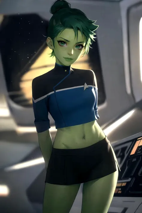 (masterpiece, best quality), (absurdres:1.3), (photorealistic:1.4), Cinematic Lighting, RAW photo of cute idol, (1girl:1.5), solo, (flat chest:1.2), (ultra detailed, ultra realistic, hyper realistic, 8K, ultra highres:1.2), (dynamic pose:1.7), cowboy shot, bokeh, sharp focus, depth of field, (high detailed skin, detailed skin texture:1.2), lips, slim, slender, detailed eyes, detailed face, smirk, (short girl, petite body:1.5), on spaceship,
(arms behind back:1.4), <lora:tendi-Lora:0.3>, tendi, (green skin:1.1), green eyes, (green hair), (mohawk:1.0), <lora:STTLDV1:1>, blue sttldunf uniform, (black miniskirt:1.2), (blue crop top:1.2),, detailed skin texture, (blush:0.5), (goosebumps:0.5), subsurface scattering