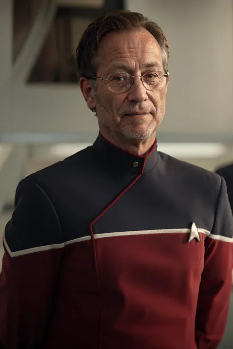 (half body:1.5), RAW photo, photography a Belarus flabby male starfleet officer, on a starfleet ship bridge, (middle-aged man:1.3), Textured crop, Reddish-brown hair, (wearing ds9st black and red uniform), gold eyes, (background is a medieval working place), [StanisÅaw Wojciechowski: George Osborne: 0.5],  highly detailed skin, (lifelike texture:1.3), (skin texture:1.5), Porta 160 color, shot on ARRI ALEXA 65, bokeh, sharp focus on subject, <lora:epiCRealismHelper:1>, <lora:Ds9Divi:1>