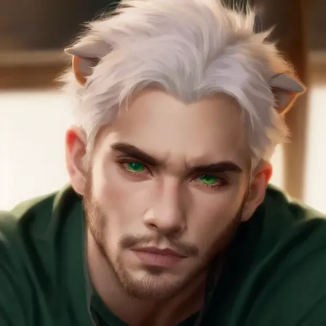 <lora:raccoon-22:0.6>, solo, male focus, upper body, looking at viewer, mature male, white hair, arm veins, green shirt, stubble, younger, dark skin, slit pupils,hybrid, lion ears, human face