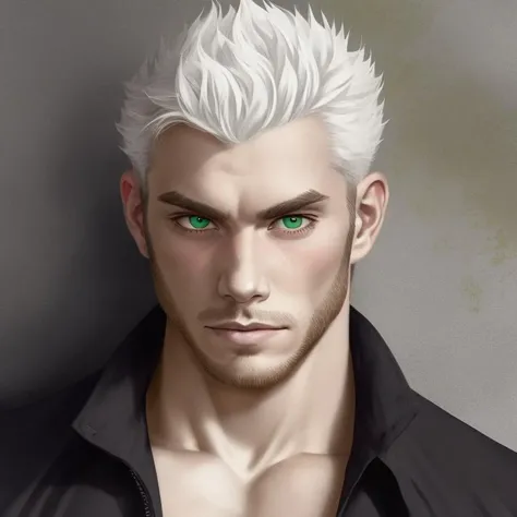 <lora:raccoon-26:0.9>, solo, male focus, upper body, looking at viewer, mature male, white hair, arm veins, green shirt, stubble, younger, dark skin, slit pupils,hybrid,