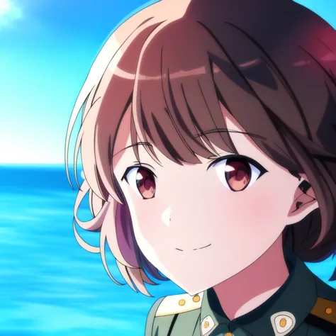 portrait, (solo, 1girl), day time, flat chest, (Dark Red eyes), short hair,(Light Brown hair) wavy hair, (Light Black military uniform), beach, sea background, best quality, 1girl, dog ears, smile, closed mouth, (anime, waifu, new, newest:1.2), looking at viewer, <lyco:NotSHAFT-v3.75-epoch04-AdamW8Bit-WD15BWeeb:0.5:1.0>, (anime:1.0), notshaft style