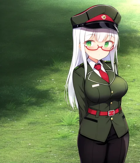 1girl, hat, solo, green eyes, uniform, glasses, long hair, military, military uniform, breasts, medal, white hair, looking at viewer, red-framed eyewear, semi-rimless eyewear, pants, arms behind back, grass, necktie, long sleeves, black pants, outdoors, green jacket, bangs, shirt, under-rim eyewear, belt, cowboy shot, closed mouth, jacket, blush, peaked cap, standing, large breasts, military hat, collared shirt, medium breasts, red necktie, <lyco:at-step000x2500:1.0>