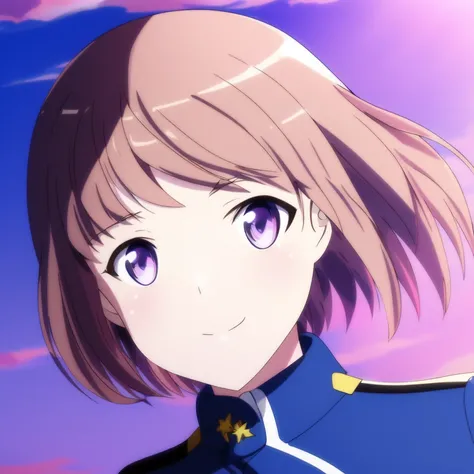 portrait, (solo, 1girl), night time, dark, small breasts, (Light Purple eyes), short hair,(Light Brown hair) (hair slicked back:1.2), (Light Purple military uniform), sky, clouds background, best quality, 1girl, dog tail, smirk, closed mouth, (anime, waifu, new, newest:1.2), looking at viewer, <lyco:NotSHAFT-v3.75-epoch04-AdamW8Bit-WD15BWeeb:0.5:1.0>, (anime:1.0), notshaft style