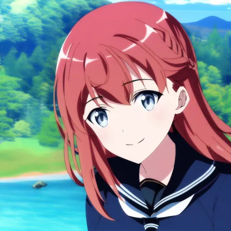 portrait, (solo, 1girl), day time, medium breasts, (Grey eyes), long hair,(Magenta hair) french braid, (Black school uniform, serafuku), mountains, trees, forest, lake background, best quality, 1girl, dog ears, smile, closed mouth, (anime, waifu, new, newest:1.2), looking at viewer, <lyco:NotSHAFT-v3.75-epoch04-AdamW8Bit-WD15BWeeb:0.5:1.0>, (anime:1.0), notshaft style