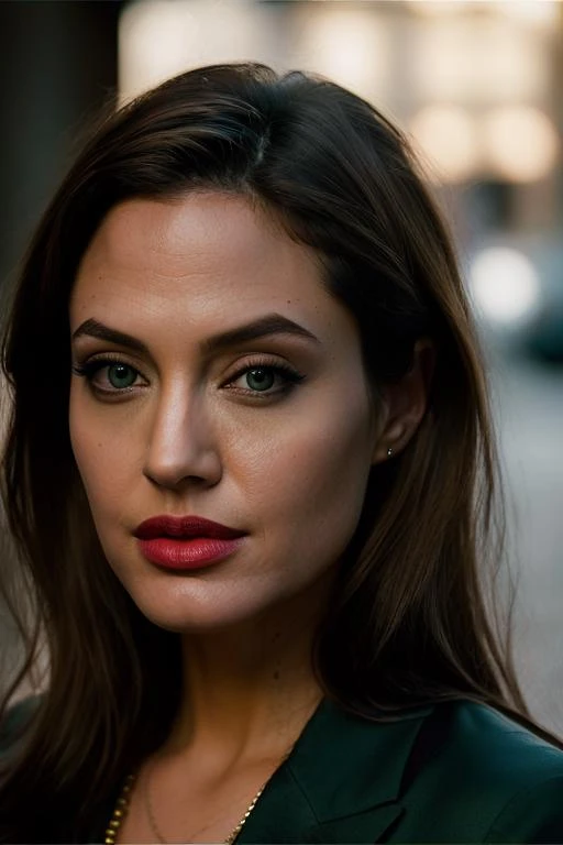 Realistic photo of a beautiful 4ng3l1n4j-v2 woman, 1girl, solo, long hair, looking at viewer, brown hair, green eyes, lips, makeup, lipstick, portrait, realistic, soft lighting, professional Photography, Photorealistic, detailed, RAW, analog, sharp focus, 8k, HD, DSLR, high quality, Fujifilm XT3, film grain, award winning, masterpiece<lora:4ng3l1n4j-v2:1.0>