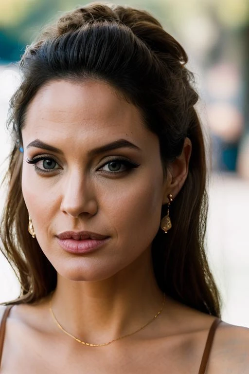 Realistic photo of a beautiful 4ng3l1n4j-v2 woman, 1girl, solo, long hair, looking at viewer, brown hair, jewelry, earrings, lips, eyelashes, makeup, portrait, realistic, soft lighting, professional Photography, Photorealistic, detailed, RAW, analog, sharp focus, 8k, HD, DSLR, high quality, Fujifilm XT3, film grain, award winning, masterpiece<lora:4ng3l1n4j-v2:1.0>