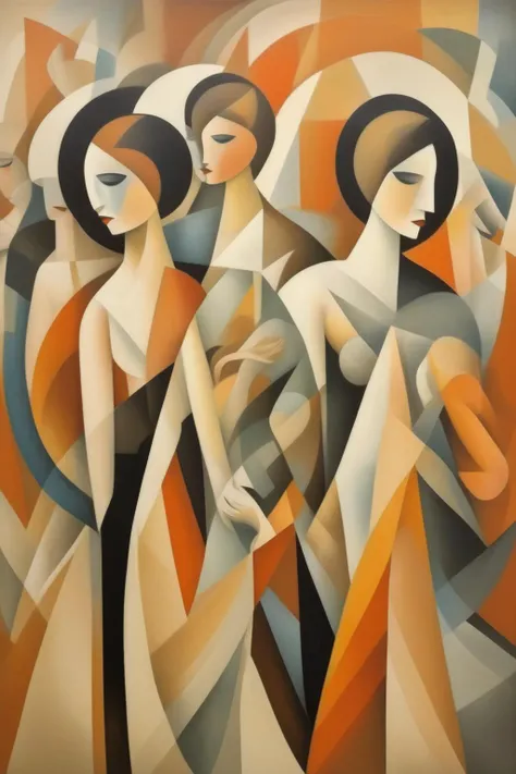 <lora:Jean Metzinger Style:1>Jean Metzinger Style - Lyubov Popova style, people travel in sound waves, Abstract oil painting with muted colors
