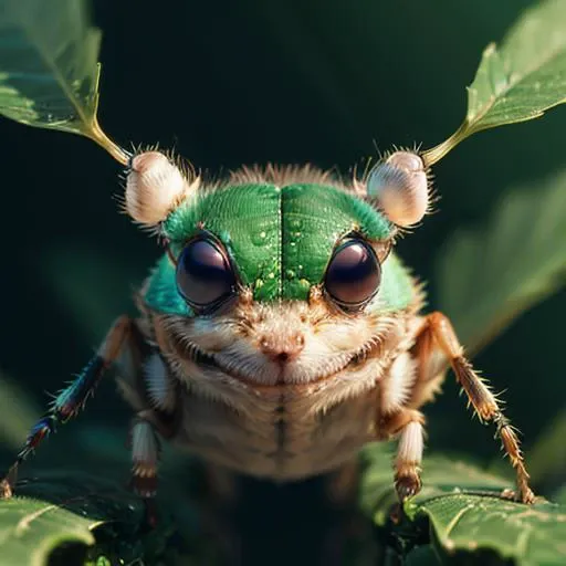 best quality, 4k, 8k, ultra highres, raw photo in hdr, sharp focus, intricate texture, (cutecreature:0.6), photo of (a bug smiling:1.4), cute, green, style of Leonid Afremov