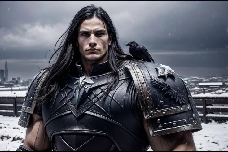 closeup of big and tall corax, <lora:Corax MK1 by CARAXES:0.5>, Warhammer, (little raven on shoulder), big biceps,
1man, gothic city setting, snow, desolate landscape, long hair, RAW candid cinema, 16mm, color graded portra 400 film, remarkable color, ultra realistic, textured skin, shot with cinematic camera
<lora:Elixir:0.5> , <lora:add_detail:0.5>