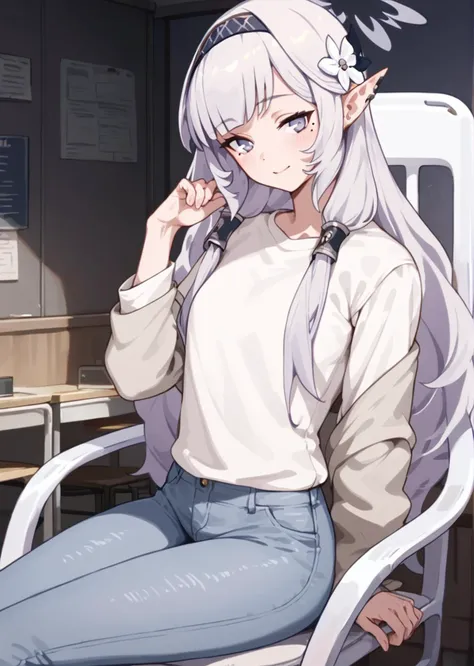 score 9, score 8 up, score 7 up, rating questionable,
detailed background,
<lora:himari.pony:1>,
himari,
wide hips, shiny skin, 
shirts, jeans, chair, |