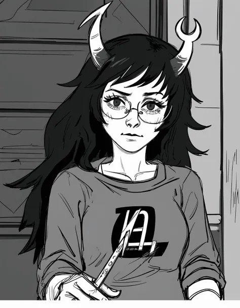 best quality, afterglow, 4k, ((masterpiece)), extremely detailed, 8k, trending on ArtStation, Intricate, High Detail, Sharp focus, fujichai <lora:fujichai:1.1>, (monochrome, greyscale), (manga panel, sketch, sketchy), 1girl,, vriska <lora:VriskaSerket:0.8>, 1girl, black hair, long hair, horns, grey skin, glasses, makeup, lipstick