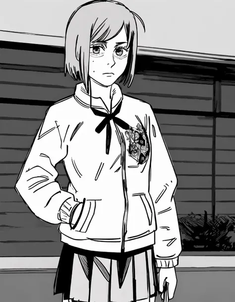 best quality, afterglow, 4k, ((masterpiece)), extremely detailed, 8k, trending on ArtStation, Intricate, High Detail, Sharp focus, fujichai <lora:fujichai:1.1>, (monochrome, greyscale), (manga panel, sketch, sketchy), 1girl,, nobara1 <lora:nobaraX:0.8>, standing, school unifrom, jacket