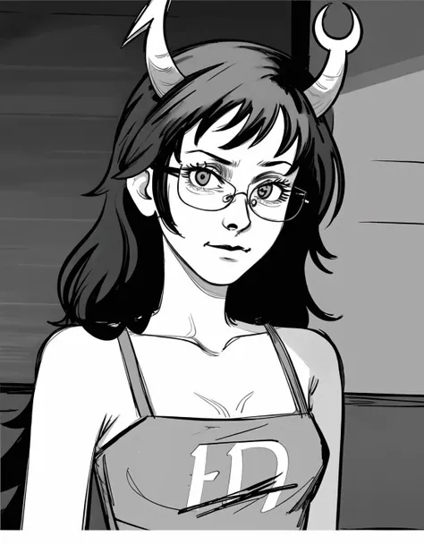 best quality, afterglow, 4k, ((masterpiece)), extremely detailed, 8k, trending on ArtStation, Intricate, High Detail, Sharp focus, fujichai <lora:fujichai:1.1>, (monochrome, greyscale), (manga panel, sketch, sketchy), 1girl,, vriska <lora:VriskaSerket:0.8>, 1girl, black hair, long hair, horns, grey skin, colored skin, glasses, makeup