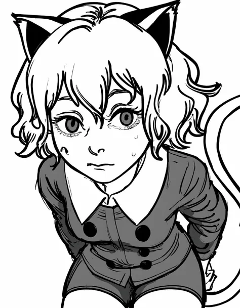 best quality, afterglow, 4k, ((masterpiece)), extremely detailed, 8k, trending on ArtStation, Intricate, High Detail, Sharp focus, fujichai <lora:fujichai:1.1>, (monochrome, greyscale), (manga panel, sketch, sketchy), 1girl,, neferpitou, short hair, animal ears, hair between eyes, tail, white hair, cat ears, cat tail, cat girl, curly hair, long sleeves, shorts, striped, buttons, shirt, collared shirt, <lora:neferpitou-lora-nochekaiser:0.9>