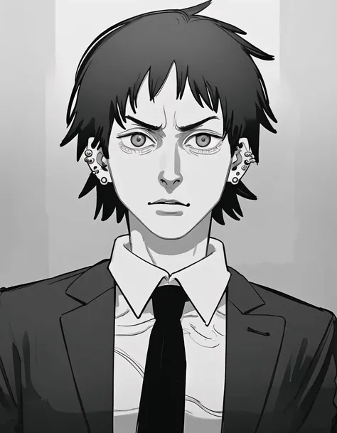 best quality, afterglow, 4k, ((masterpiece)), extremely detailed, 8k, trending on ArtStation, Intricate, High Detail, Sharp focus, fujichai <lora:fujichai:1>, monochrome, greyscale, manga panel, sketch, looking at viewer,short hair,shirt,jewelry,monochrome,weapon,greyscale,male focus,earrings,multiple boys,necktie,collared shirt,gun,piercing,formal,suit,ear piercing,stitches,multiple piercings
