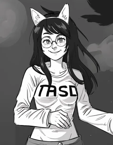 best quality, afterglow, 4k, ((masterpiece)), extremely detailed, 8k, trending on ArtStation, Intricate, High Detail, Sharp focus, fujichai <lora:fujichai:1.1>, (monochrome, greyscale), (manga panel, sketch, sketchy), 1girl,, hsjade <lora:hsjade:0.9>, 1girl, solo, glasses, long hair, smile, black hair, white animal ears, round eyewear, long sleeves