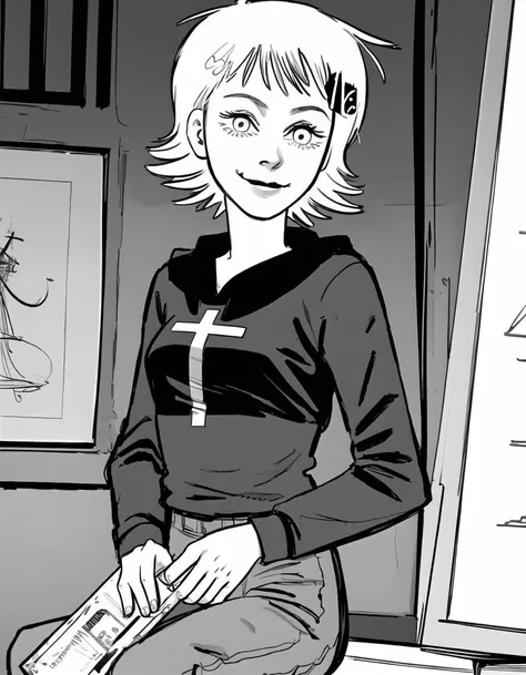 best quality, afterglow, 4k, ((masterpiece)), extremely detailed, 8k, trending on ArtStation, Intricate, High Detail, Sharp focus, fujichai <lora:fujichai:1.1>, (monochrome, greyscale), (manga panel, sketch, sketchy), 1girl,, roxlal <lora:roxlal:0.9>, 1girl, short hair, solo, smile, parted lips, white hair