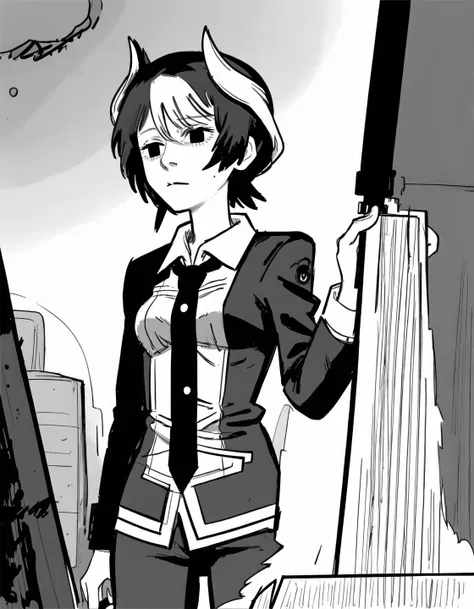 best quality, afterglow, 4k, ((masterpiece)), extremely detailed, 8k, trending on ArtStation, Intricate, High Detail, Sharp focus, fujichai <lora:fujichai:1.1>, (monochrome, greyscale), (manga panel, sketch, sketchy), 1girl,, ozen, ozentmp <lora:mia_ozenv2-10:0.7>, black eyes, suit