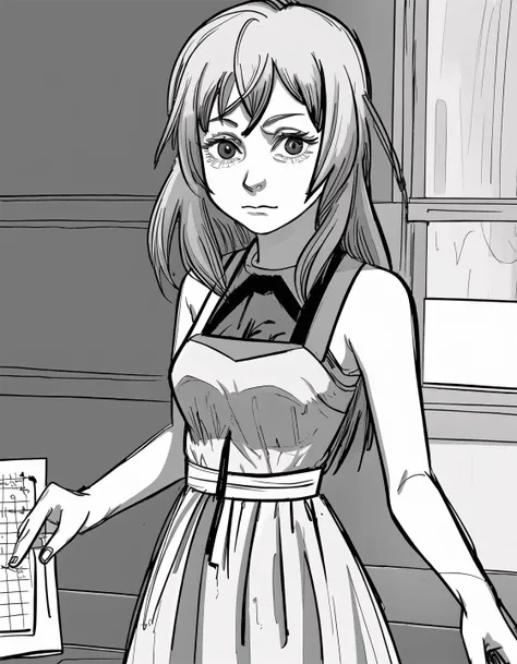 (depicting a single moment from a manga for adults), (hand-drawn), ((simple line art)), ((manga-style line art background)), (a housewife, standing, skirt, thin blouse, swollen areolas, drooping eyes, realistic skin, pubic hair), (focus on her pubic hair, genitals, peeing), ecstasy, shame play, ((smile, (masturbation), spread her legs, touching her crotch with her hand, various poses)), (old storeroom), ceiling, floor, ((holding breast with hand)), braid, crouching,