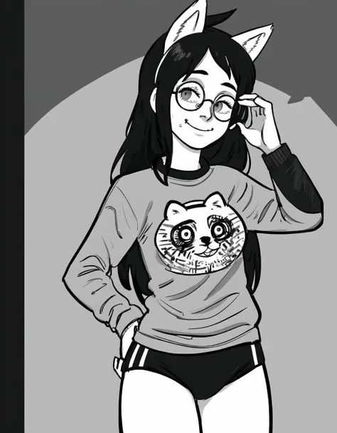 best quality, afterglow, 4k, ((masterpiece)), extremely detailed, 8k, trending on ArtStation, Intricate, High Detail, Sharp focus, fujichai <lora:fujichai:1.1>, (monochrome, greyscale), (manga panel, sketch, sketchy), 1girl,, hsjade <lora:hsjade:0.9>, 1girl, solo, glasses, long hair, smile, black hair, white animal ears, round eyewear, long sleeves