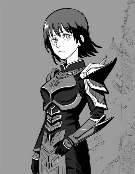 best quality, afterglow, 4k, ((masterpiece)), extremely detailed, 8k, trending on ArtStation, Intricate, High Detail, Sharp focus, fujichai <lora:fujichai:1.1>, (monochrome, greyscale), (manga panel, sketch, sketchy), 1girl,, daedricarmor <lora:SK_DaedricArmor_a1:0.8>