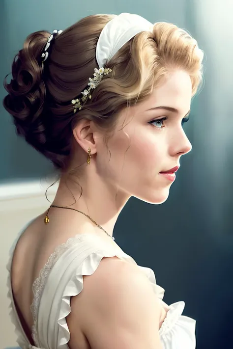 emilyRick1 wearing a milk maid dress, (blue milk maid dress), (upright pin curl hairstyle), (dark hair), (kitchen background), elegant, highly detailed, digital painting, artstation, concept art, smooth, sharp focus, illustration, art by wlop, charlie bowater and alexandra fomina