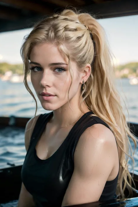 RAW, real photo portrait, emilyRick1, on a boat, (wearing a wet black t-shirt), pretty face, insanely detailed eyes, light blonde hair, high ponytail, bokeh, natural light, depth of field, golden hour, sharp focus