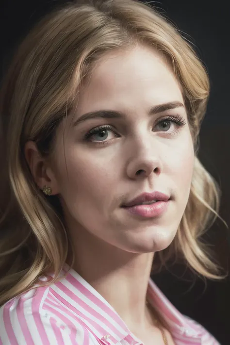 portrait photo of emilyRick1,(pink and blue striped shirt), alluring portrait, intricate, highly detailed, digital painting, artstation, concept art, naughty, sharp focus, cinematic lighting, illustration, art by artgerm and greg rutkowski, alphonse mucha, cgsociety