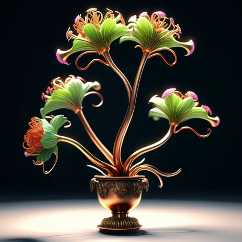 ((best quality)), ((masterpiece)), ((realistic,digital art)), (hyper detailed),tumor-infused Huge Bronze Slender-arching Tendril-bearing plant, Fluted Texture Bumpy Tuber, Bumpy, Copper Umbel Cup-shaped flower, Emarginate, Epicalyx, Rosette, Branched root , octane rendering, raytracing, volumetric lighting, Backlit,Rim Lighting, 8K, HDR