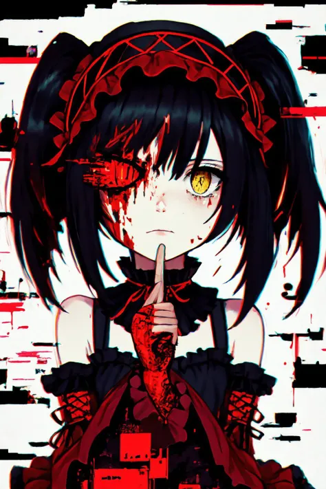 High Quality, Masterpiece, KurumiBase, (clock eyes), heterochromia, twintails, hairband, red dress, frills, detached sleeves, frilled choker, <lora:Char_DateALife_TokisakiKurumi:0.85>, Glitching, glitch, <lora:Pos_Glitching:0.5>, corruption, reaching, tears, reaching out, blood, blood on face, glitch censor, glitchy background, <lora:Style_FallenMJStyle:1>, GlitchingBodyPart, <lora:Pos_GlitchingBodyParts:0.8>