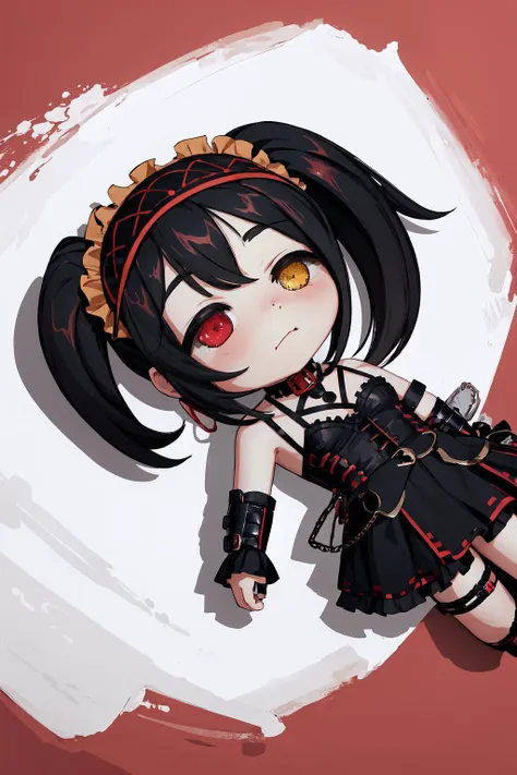 High Quality, Masterpiece, QiqiFallen, chibi, on back, <lora:Pos_QiqiFallenMeme:1>, KurumiBase, (clock eyes), heterochromia, twintails, hairband, red dress, frills, detached sleeves, frilled choker, <lora:Char_DateALife_TokisakiKurumi:1>