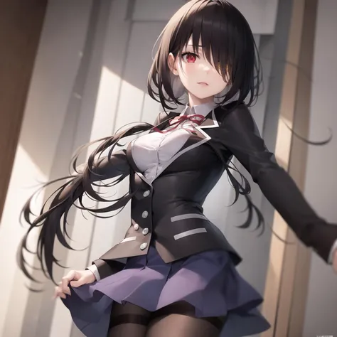 ultra realistic 8k cg, masterpiece, ((ultra detailed background, delicate pattern, intricate detail)), (highly detailed, fine details,), (beautiful detailed face and eyes and hair:1.1), 1girl, KurumiSchool, (clock eyes), heterochromia, red eye, low twintails, hair over one eye, school uniform, medium breast, lingerie, underwear, (open uniform), navel, midirff, black jacket, (open jacket), blue skirt, neck ribbon, black pantyhose, cowboy shot, <lora:CHAR-TokisakiKurumi:1>,(hentai:0.8)