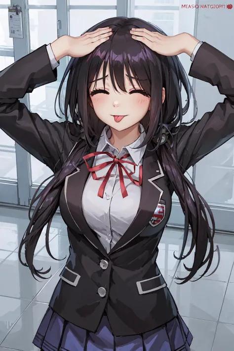 High Quality, Masterpiece, KurumiSchool, low twintails, hair over one eye, school uniform, black jacket, neck ribbon, <lora:Char_DateALife_TokisakiKurumi:1>, hahetobleh, from above, hands on own head, closed eyes, tongue, <lora:Pos_AhEtoMemePose:0.8>, upper body,