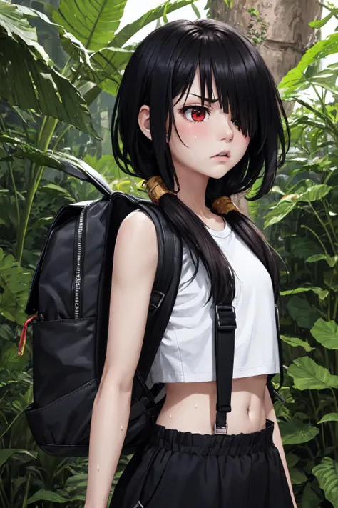 High Quality, Masterpiece, TokisakiKurumi, hair over one eye, low twintails, <lora:Char_DateALife_TokisakiKurumi:1>, jungle, crop top, angry, sweat, exploration, embarrassed, backpack