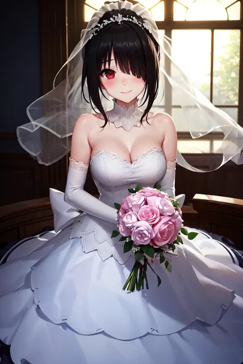 masterpiece, best quality, absurdres, KurumiWedding, hair over one eye, bridal veil, wedding dress, elbow gloves, flower bouquet, holding bouquet, smile, closed mouth, blush, <lora:CHAR-TokisakiKurumi:1>