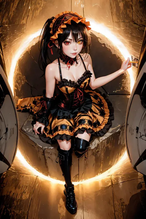 High Quality, Masterpiece, KurumiBase, (clock eyes), heterochromia, twintails, hairband, red dress, frills, detached sleeves, frilled choker, <lora:Char_DateALife_TokisakiKurumi:1>, portal, <lora:Pos_PortalFromDrStarnge:0.8>, from above, looking at viewer, smirk,