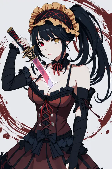 High Quality, Masterpiece, KurumiBase, (clock eyes), heterochromia, twintails, hairband, red dress, frills, detached sleeves, frilled choker, <lora:Char_DateALife_TokisakiKurumi:0.95>, (booba sword:1.2), cleavage, sword, holding sword, electricity, <lora:Pos_BoobaSword:1>