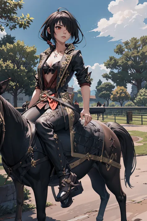 1girl, xivuraeuscoat, <lora:xivuraeuscoat_v10:1>, TokisakiKurumi, hair over one eye, low twintails, <lora:Char_DateALife_TokisakiKurumi:1>, outdoors, riding, horse,